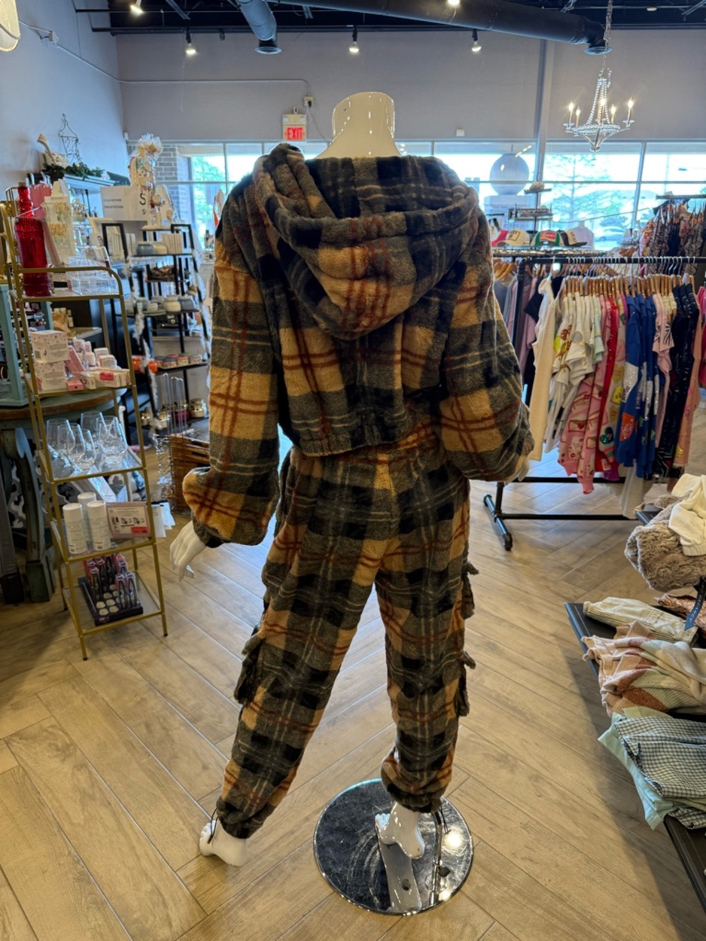 Cozy Plaid Fleece Jogger Jumpsuit - Beige & Gray - Picture 2 of 7